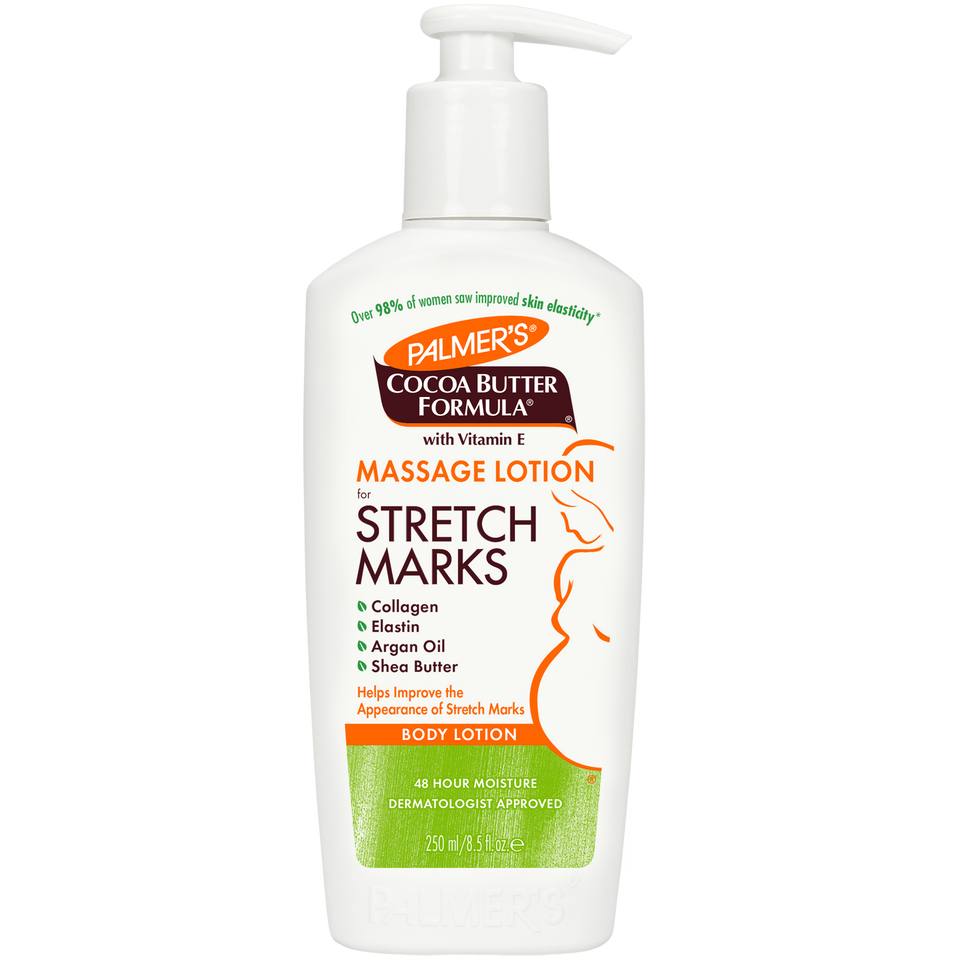 A 200 ml white bottle of Palmer's Cocoa Butter Formula Massage Lotion for stretch marks, featuring a white pump dispenser and a label with orange, brown, and green text and graphics.