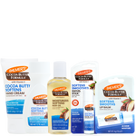 Four Palmer's Cocoa Butter Formula travel friendly skincare products arranged together on a white background: a hand cream tube, a body oil bottle, a swivel stick, and a lip balm pouch.