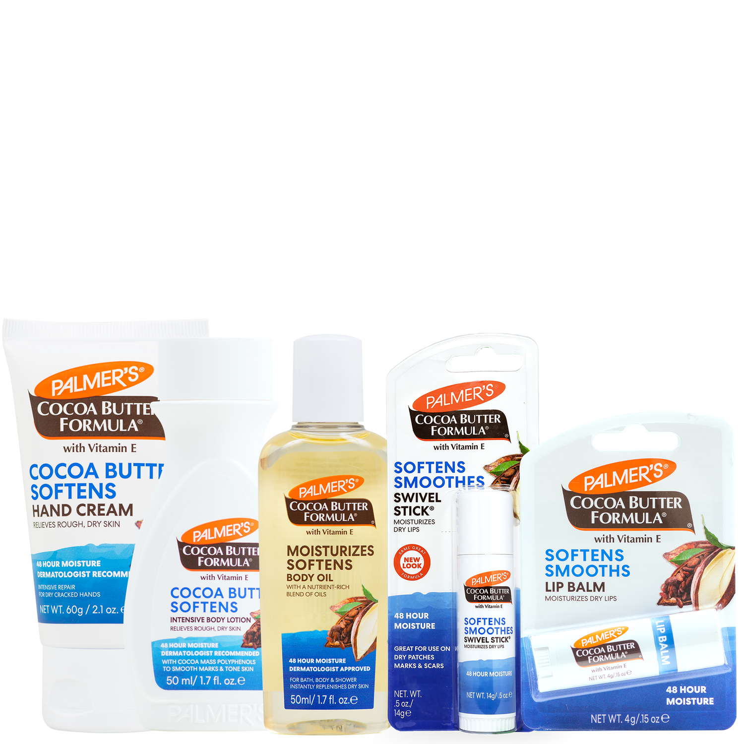 Four Palmer's Cocoa Butter Formula travel friendly skincare products arranged together on a white background: a hand cream tube, a body oil bottle, a swivel stick, and a lip balm pouch.