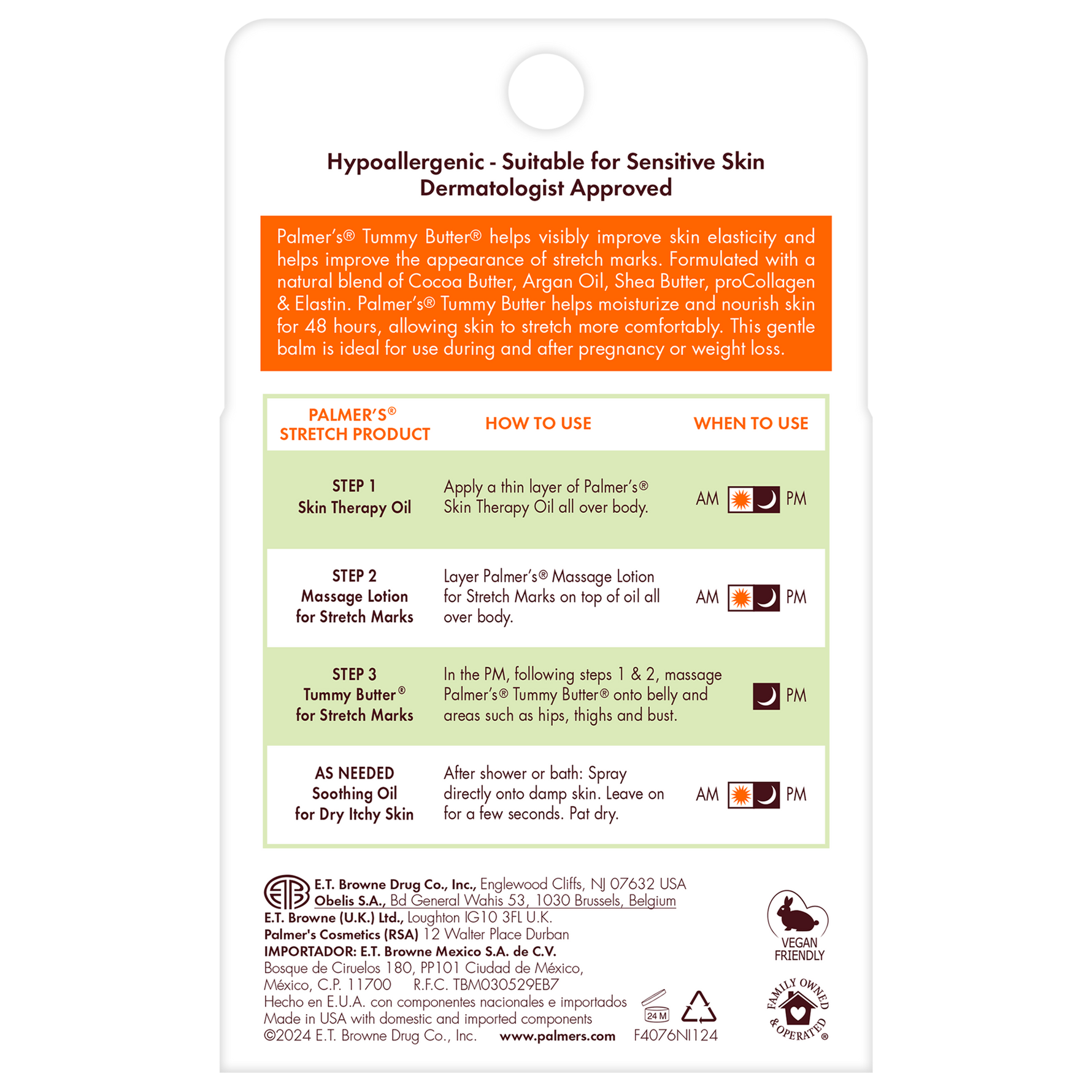 An informational product graphic for Palmer's Tummy Butter, detailing its hypoallergenic suitability and step-by-step instructions on how to use the skin therapy oil, massage lotion, and Tummy Butter. The layout features a white background with a prominent orange header, a light green usage chart, and product details at the bottom.