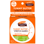 Palmer's Tummy Butter for Stretch Marks in its orange retail packaging, featuring a white round tub with a clear lid and a green lower section.