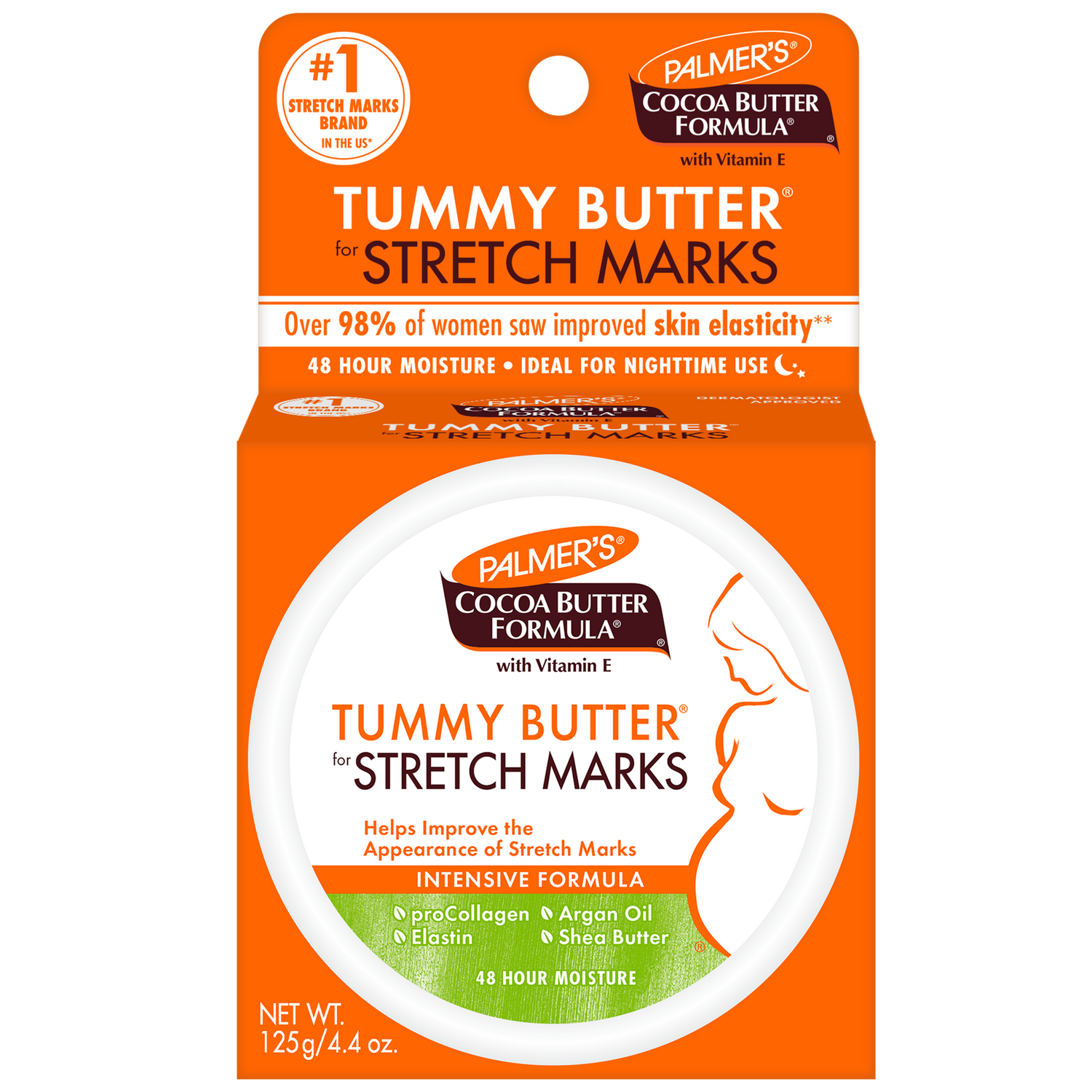 Palmer's Tummy Butter for Stretch Marks in its orange retail packaging, featuring a white round tub with a clear lid and a green lower section.