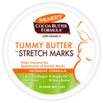 A round white container of Palmer's Cocoa Butter Formula Tummy Butter for Stretch Marks, featuring a white label with orange and green text and graphics.