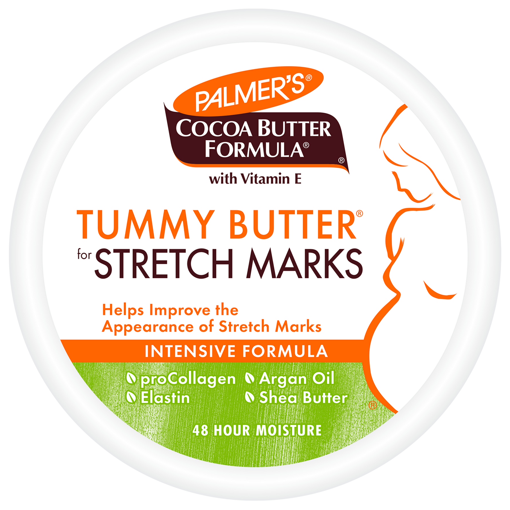 A round white container of Palmer's Cocoa Butter Formula Tummy Butter for Stretch Marks, featuring a white label with orange and green text and graphics.
