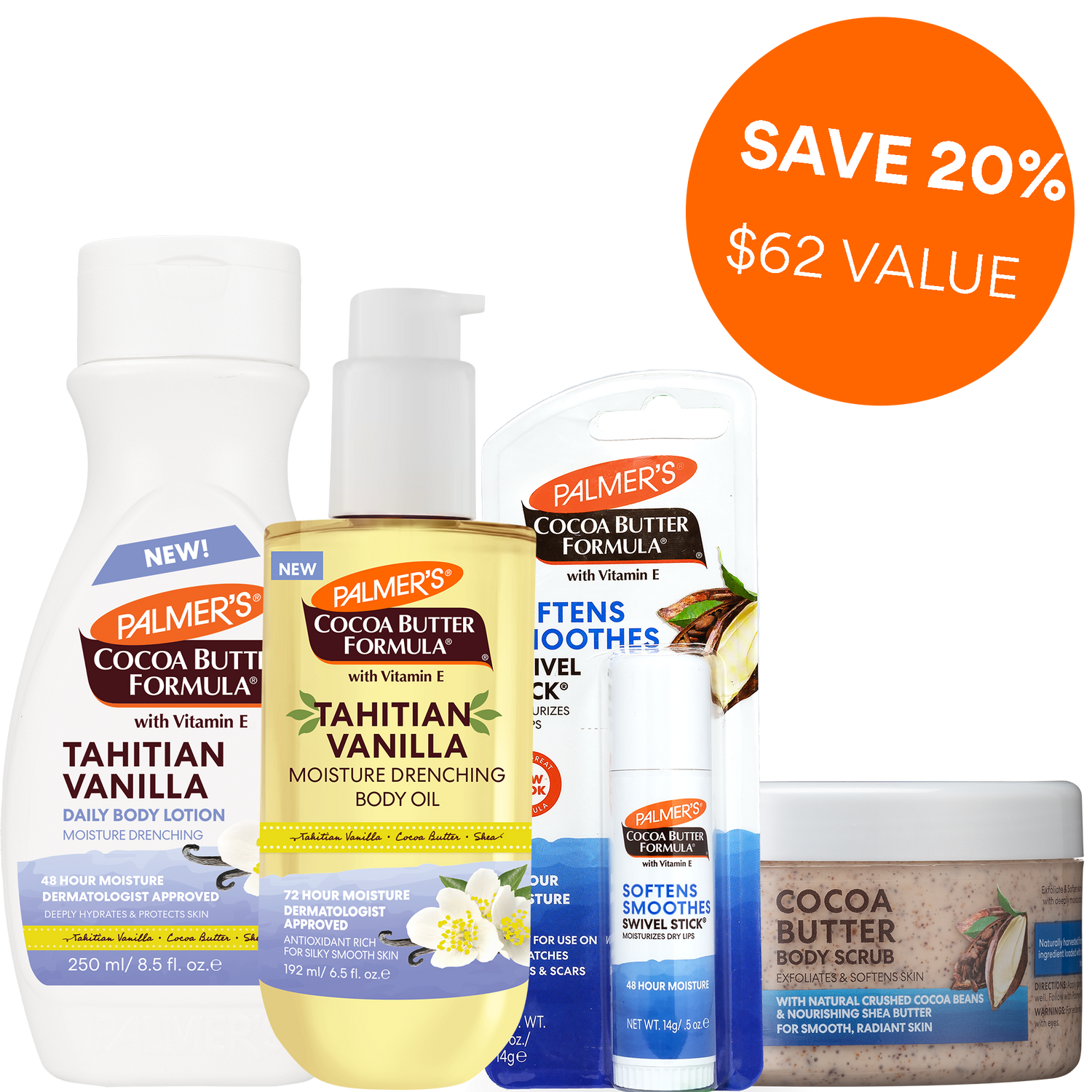 Palmer's Cocoa Butter Formula Vanilla, Scrub and Swivel Stick winter skincare bundle.
