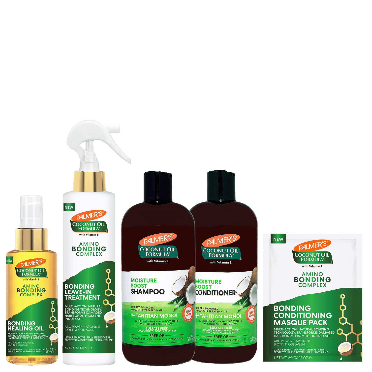 A Palmer's Coconut Oil Formula hair care bundle featuring Bonding Oil, Bonding Leave-in Treatment, Moisture Body Shampoo, Moisture Bond Conditioner, and a Bonding Conditioning Masque Pack on a white background.