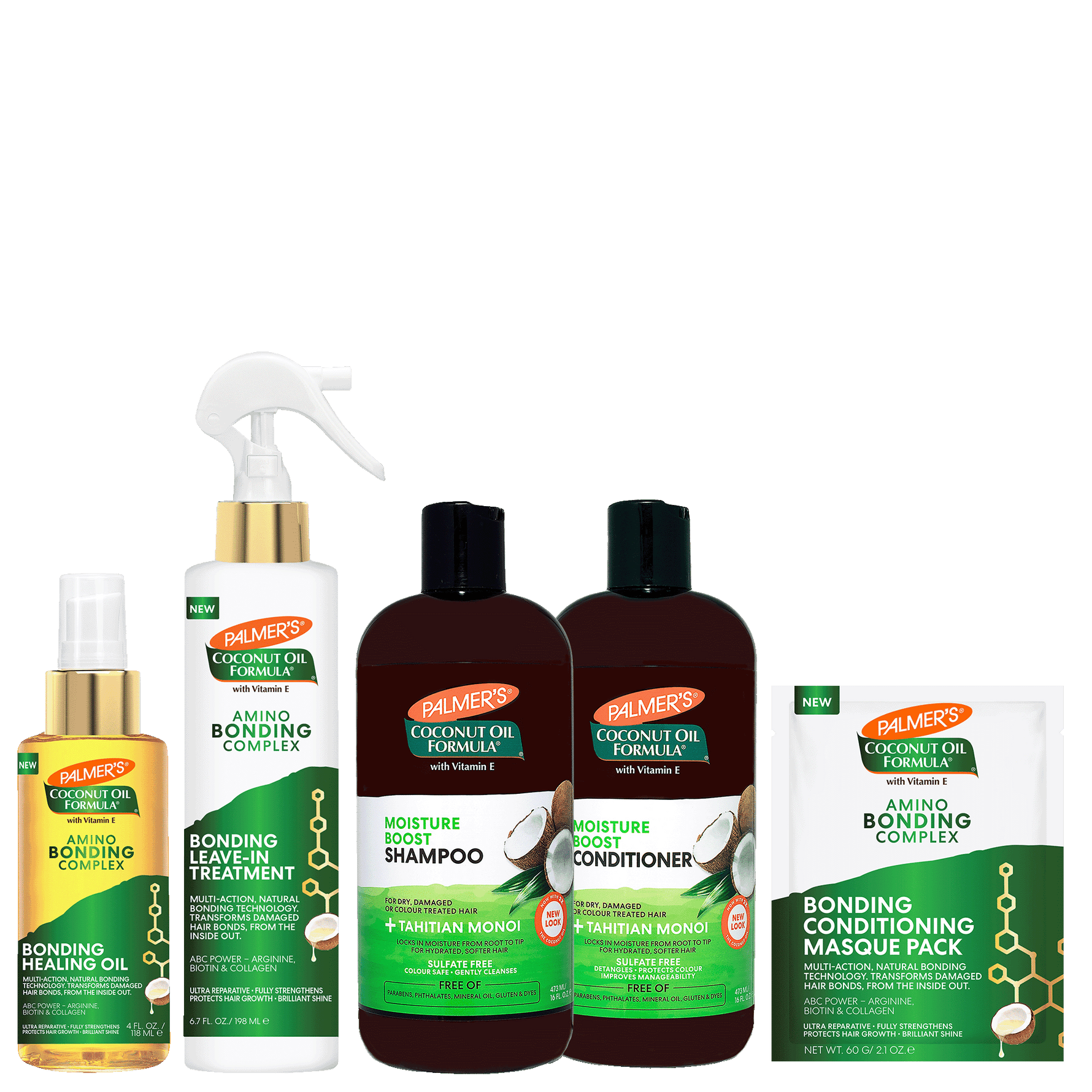 A Palmer's Coconut Oil Formula hair care bundle featuring Bonding Oil, Bonding Leave-in Treatment, Moisture Body Shampoo, Moisture Bond Conditioner, and a Bonding Conditioning Masque Pack on a white background.
