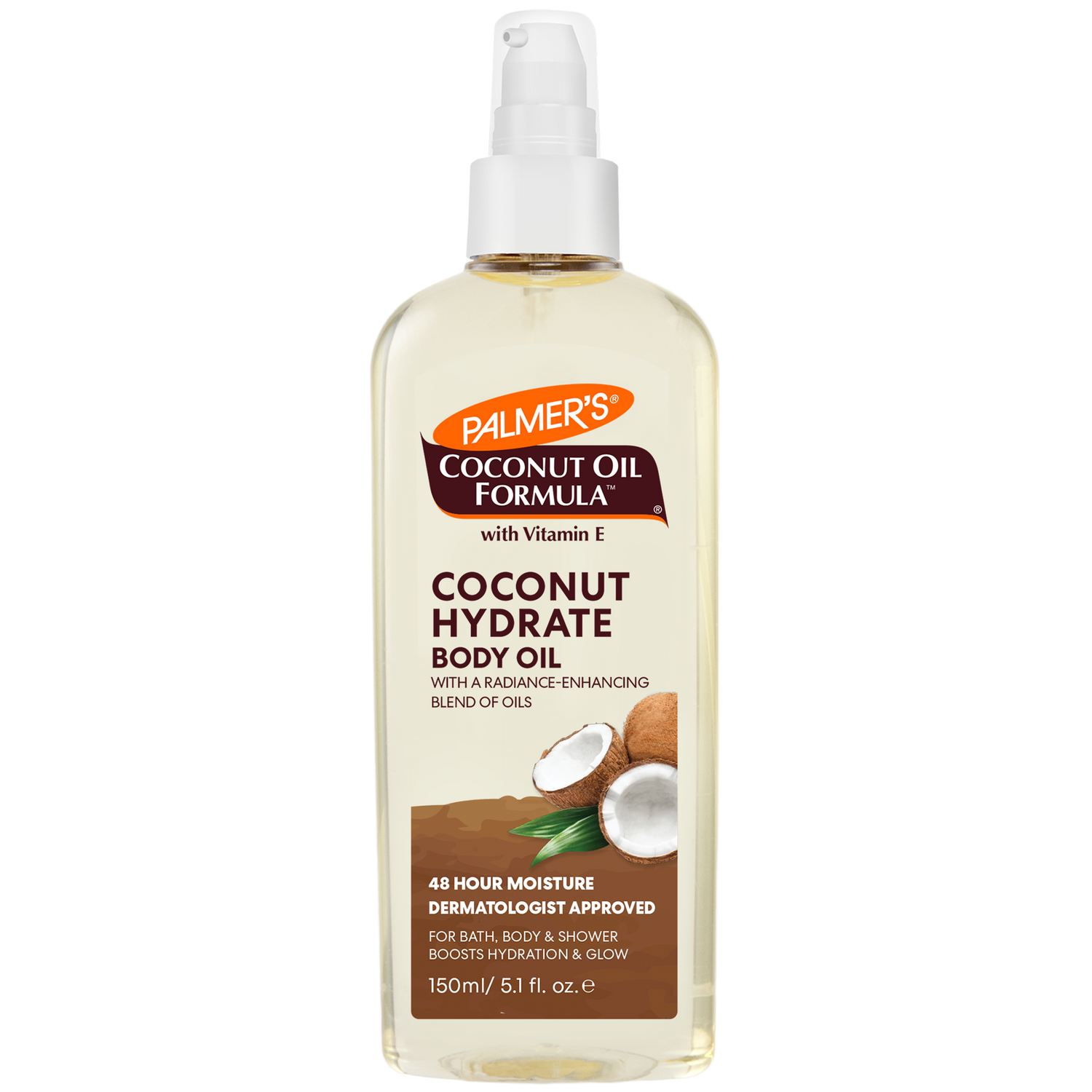 Palmer's Coconut Oil Formula coconut hydrate body oil bottle on a white background