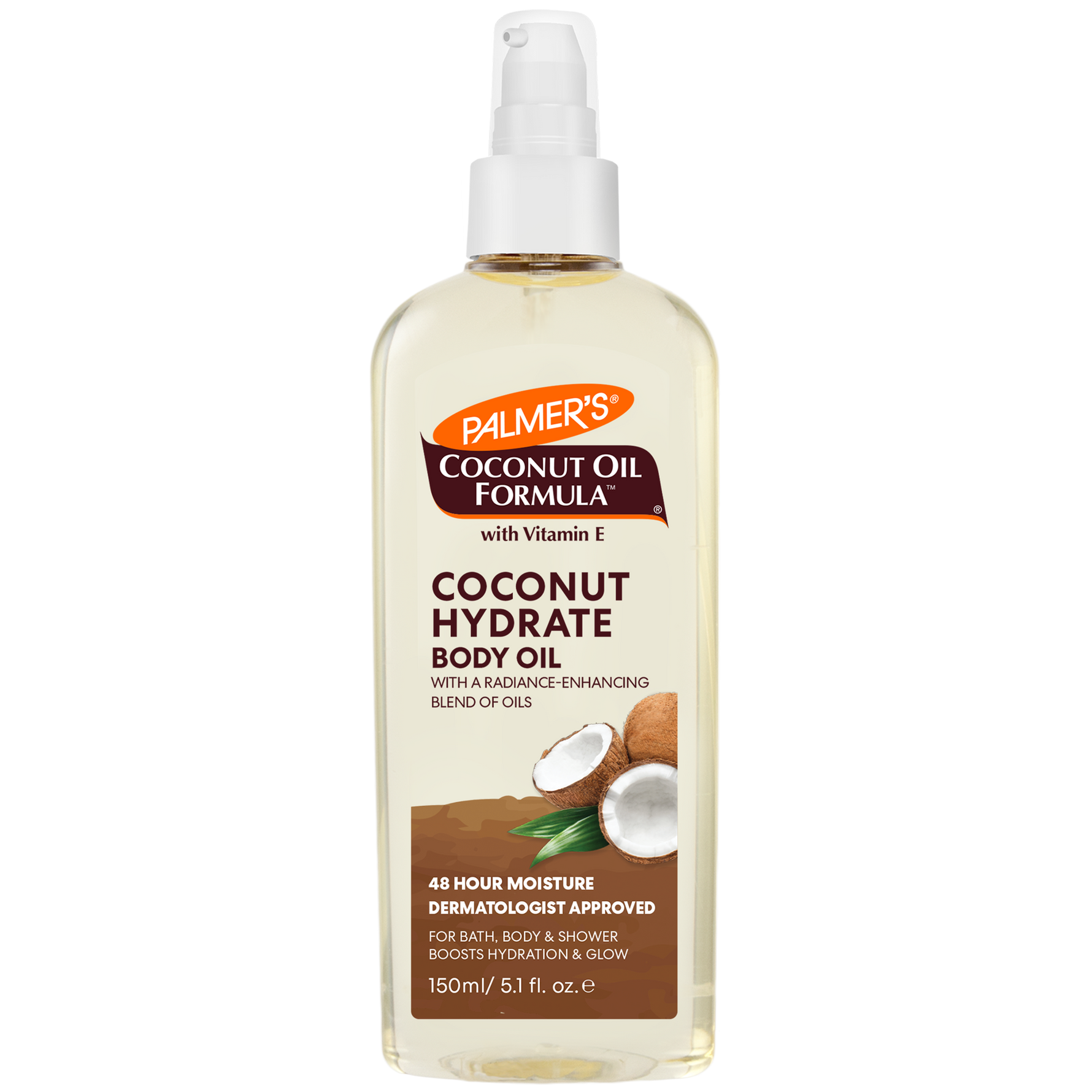 Palmer's Coconut Oil Formula coconut hydrate body oil bottle on a white background