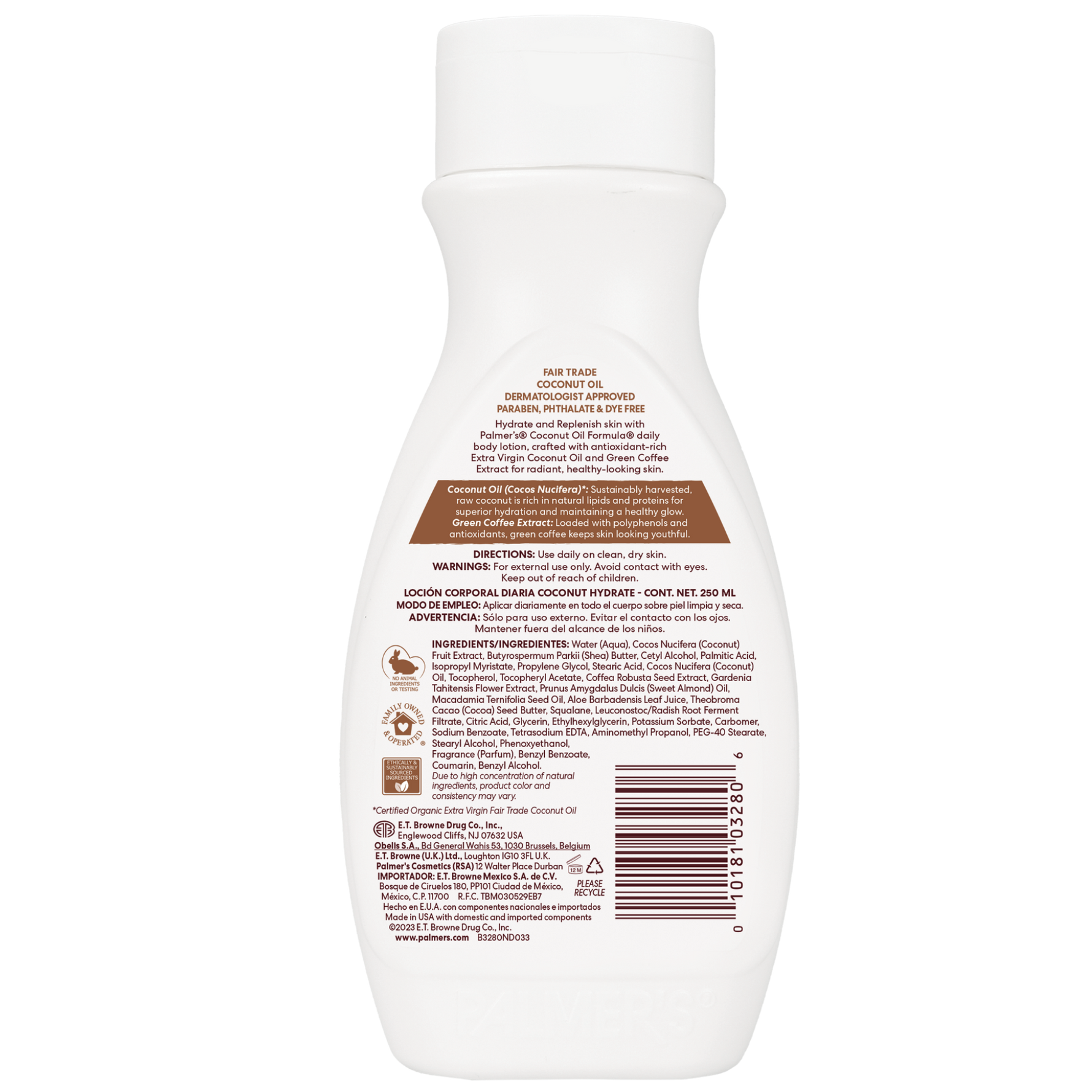 Back view of a white bottle with text and a barcode on a white background