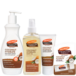 Four Palmer's Coconut Oil Formula body care products from the Coconut Hydrate line, including Daily Body Lotion, Body Oil, Hand Cream, and Lip Balm, arranged on a plain white background.