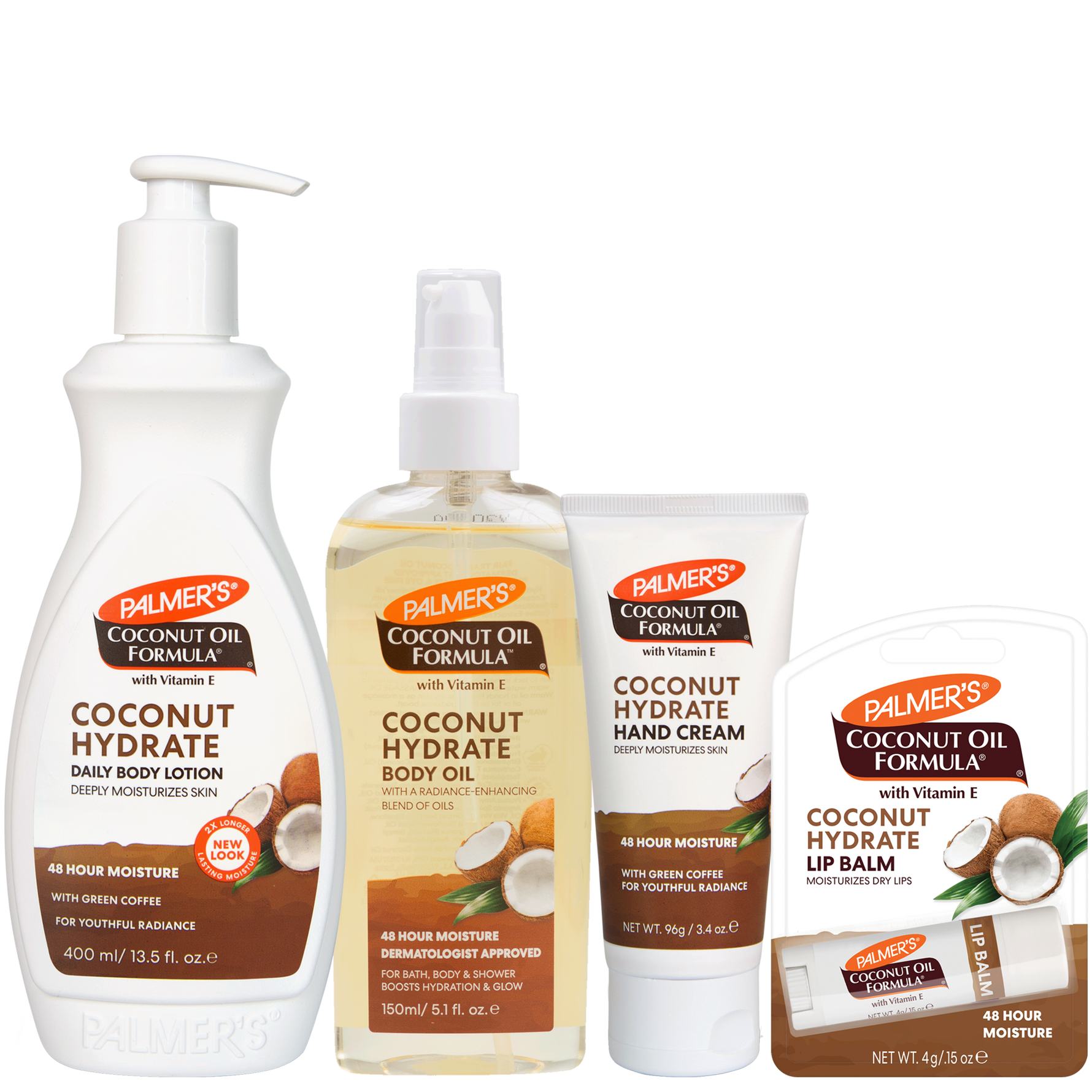 Four Palmer's Coconut Oil Formula body care products from the Coconut Hydrate line, including Daily Body Lotion, Body Oil, Hand Cream, and Lip Balm, arranged on a plain white background.