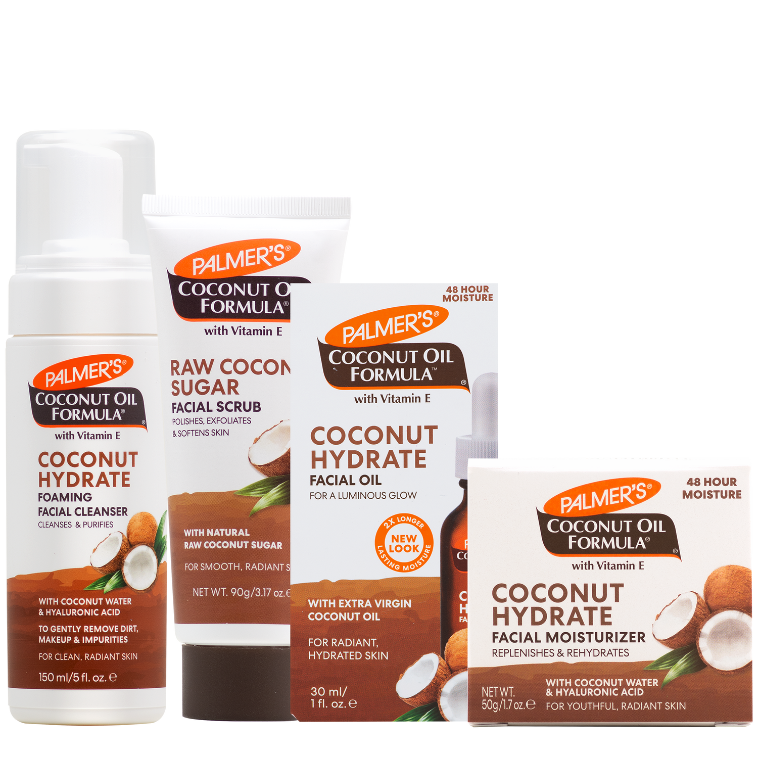 A set of Palmer's Coconut Oil Formula facial skincare products on a white background, including a foaming facial cleanser, a facial scrub, a facial oil, and moisturiser.