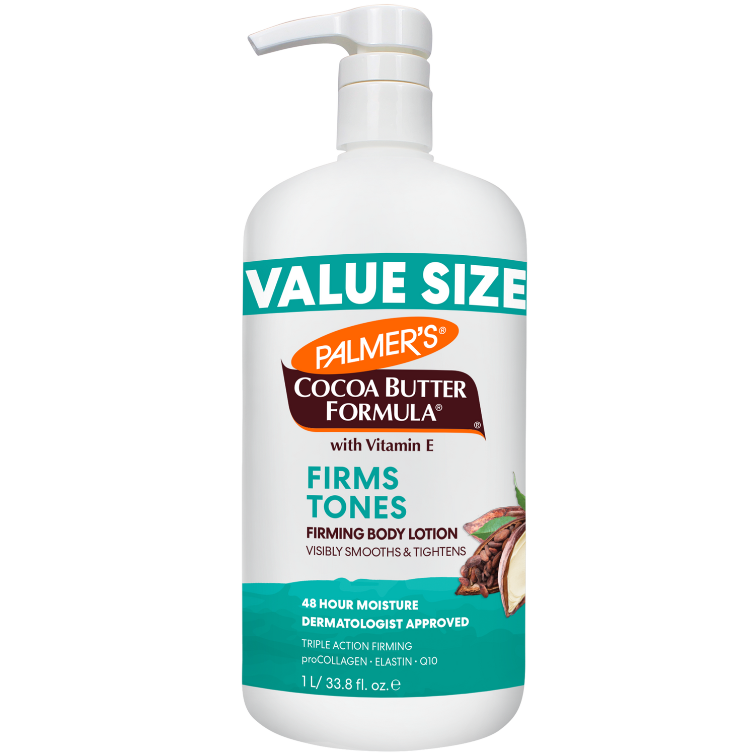 Palmer's Cocoa Butter Formula Firms and Tones lotion bottle on a white background