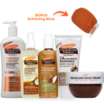 A bundle of Palmer's Cocoa Butter Formula body care products on a white background, including Natural Bronze Tanning Moisturizer, Coconut Hydrate Body Oil, Shimmer Radiance Body Oil, Shimmer Radiance Body Gloss, and Brazilian Coco Cream, with a bonus exfoliating glove shown in the upper right.