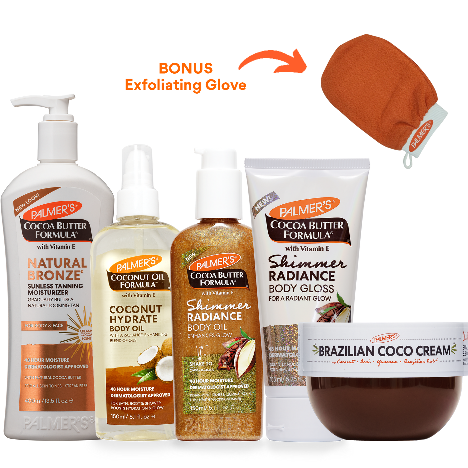 A bundle of Palmer's Cocoa Butter Formula body care products on a white background, including Natural Bronze Tanning Moisturizer, Coconut Hydrate Body Oil, Shimmer Radiance Body Oil, Shimmer Radiance Body Gloss, and Brazilian Coco Cream, with a bonus exfoliating glove shown in the upper right.