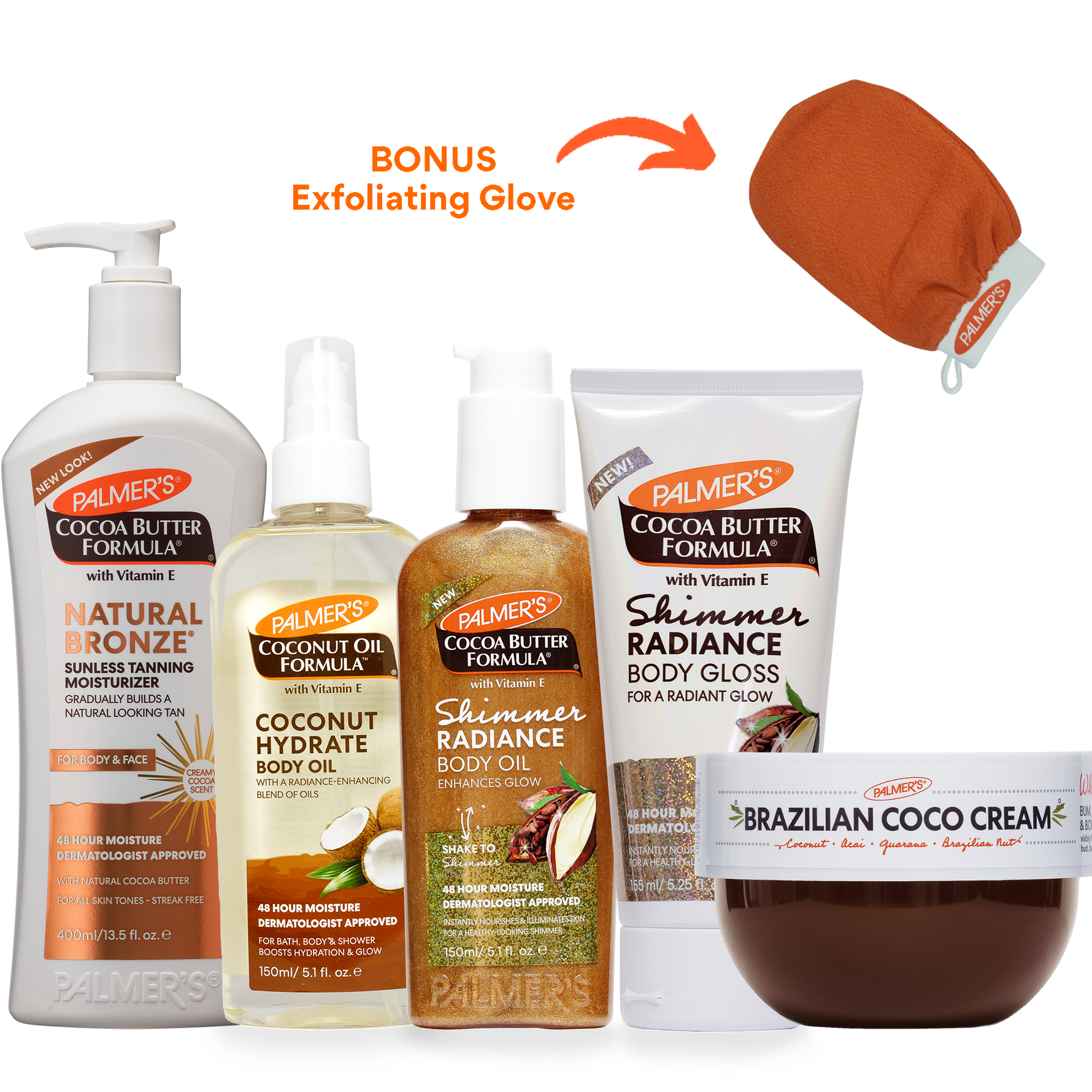 A bundle of Palmer's Cocoa Butter Formula body care products on a white background, including Natural Bronze Tanning Moisturizer, Coconut Hydrate Body Oil, Shimmer Radiance Body Oil, Shimmer Radiance Body Gloss, and Brazilian Coco Cream, with a bonus exfoliating glove shown in the upper right.