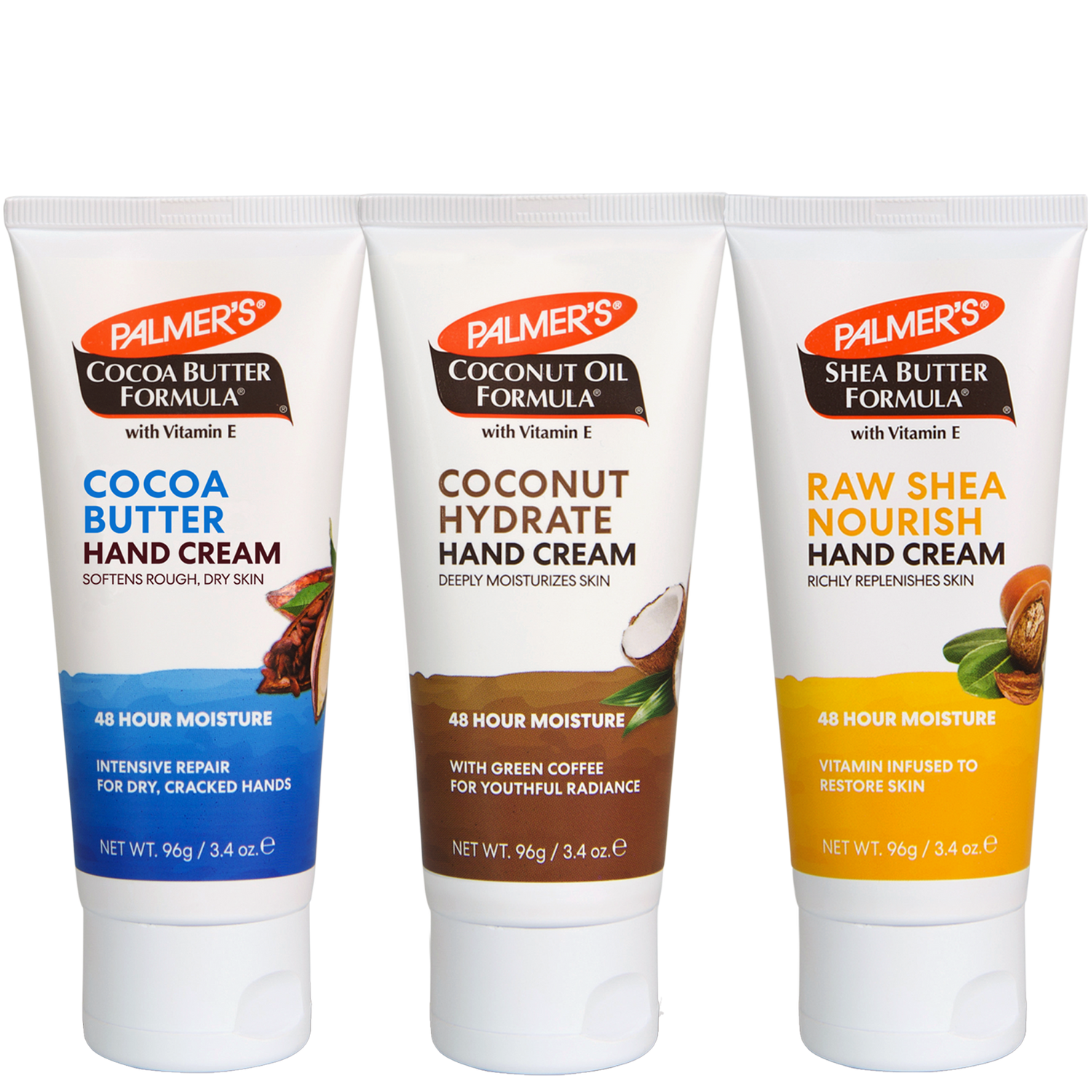 Three tubes of Palmer's hand creams lined up on a white background: Cocoa Butter Hand Cream with blue label, Coconut Hydrate Hand Cream with brown label, and Raw Shea Nourish Hand Cream with yellow label.