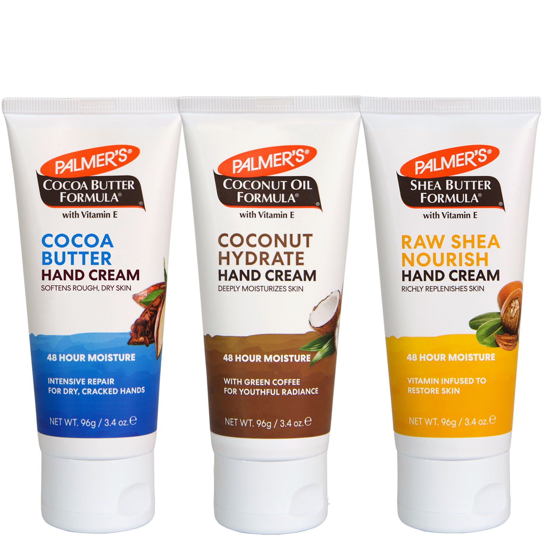 Three tubes of Palmer's hand creams lined up on a white background: Cocoa Butter Hand Cream with blue label, Coconut Hydrate Hand Cream with brown label, and Raw Shea Nourish Hand Cream with yellow label.