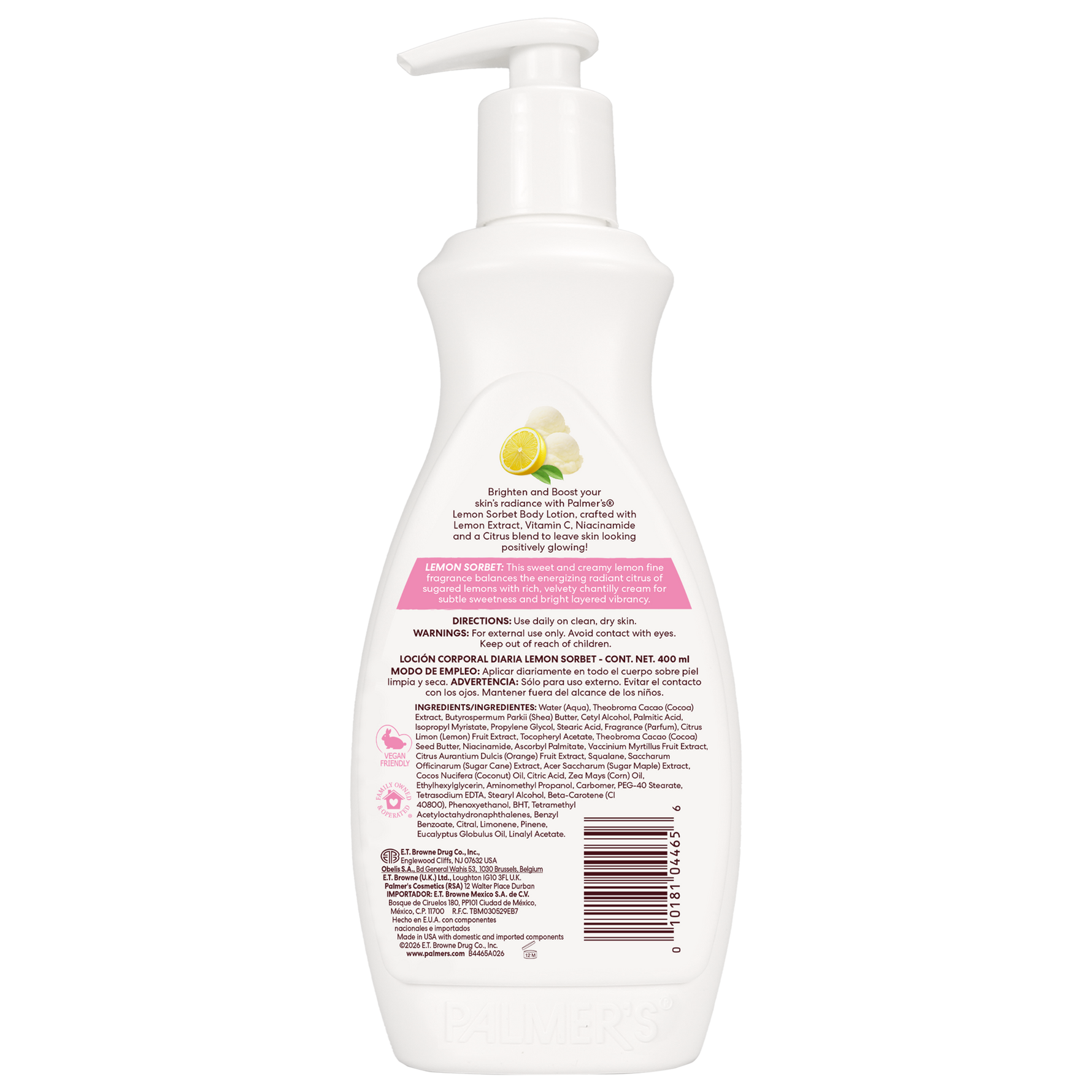 Palmer's Lemon Sorbet Daily Body Lotion for Bright, Radiant Skin shown back of white bottle with ingredients label