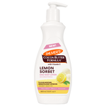 Palmer's Lemon Sorbet Daily Body Lotion for Bright, Radiant Skin shown in a white bottle with yellow and pink label and a picture of a lemon half and scoops of lemon sorbet
