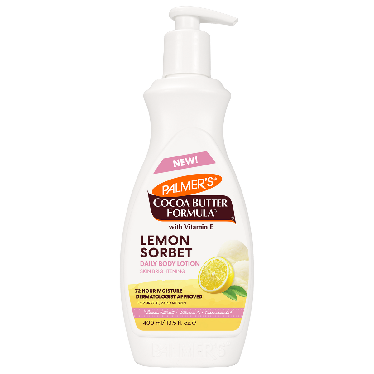 Palmer's Lemon Sorbet Daily Body Lotion for Bright, Radiant Skin shown in a white bottle with yellow and pink label and a picture of a lemon half and scoops of lemon sorbet