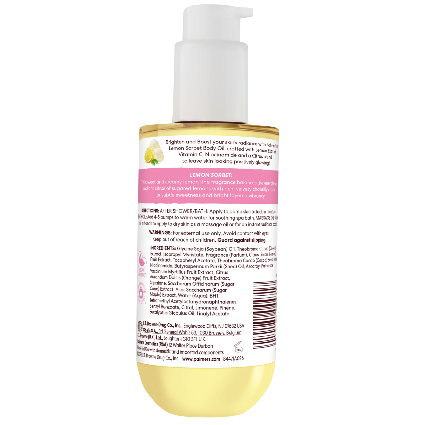 The back side of a bottle of Palmer's Cocoa Butter Formula Lemon Sorbet Brightening Body Oil with a white pump dispenser, shown against a plain white background.