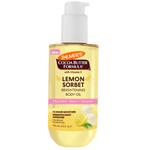 A bottle of Palmer's Cocoa Butter Formula Lemon Sorbet Brightening Body Oil with a white pump dispenser, shown against a plain white background.