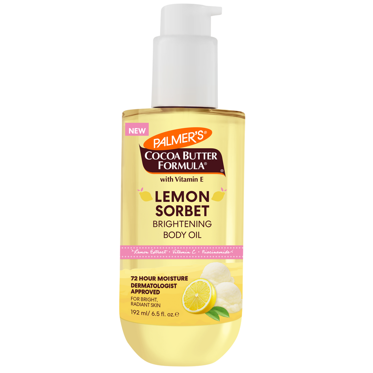 A bottle of Palmer's Cocoa Butter Formula Lemon Sorbet Brightening Body Oil with a white pump dispenser, shown against a plain white background.