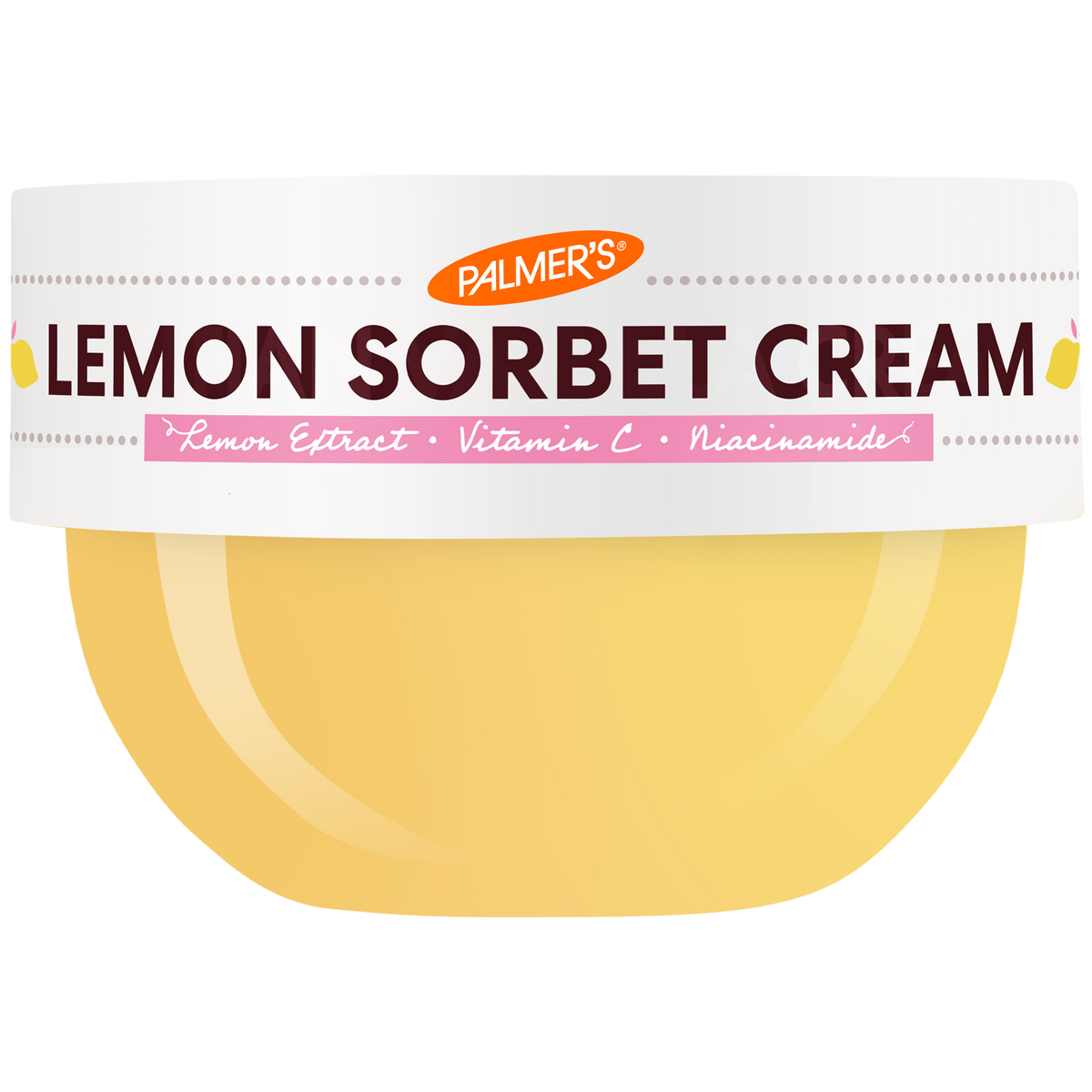 A jar of Palmer's Lemon Sorbet Cream with a white label and a pale yellow cream visible inside, on a plain white background.