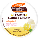 A round white lid for Palmer's Cocoa Butter Formula Lemon Sorbet Cream whipped brightening body cream, featuring a yellow lemon slice graphic and cream-colored sorbet scoops on a white background.