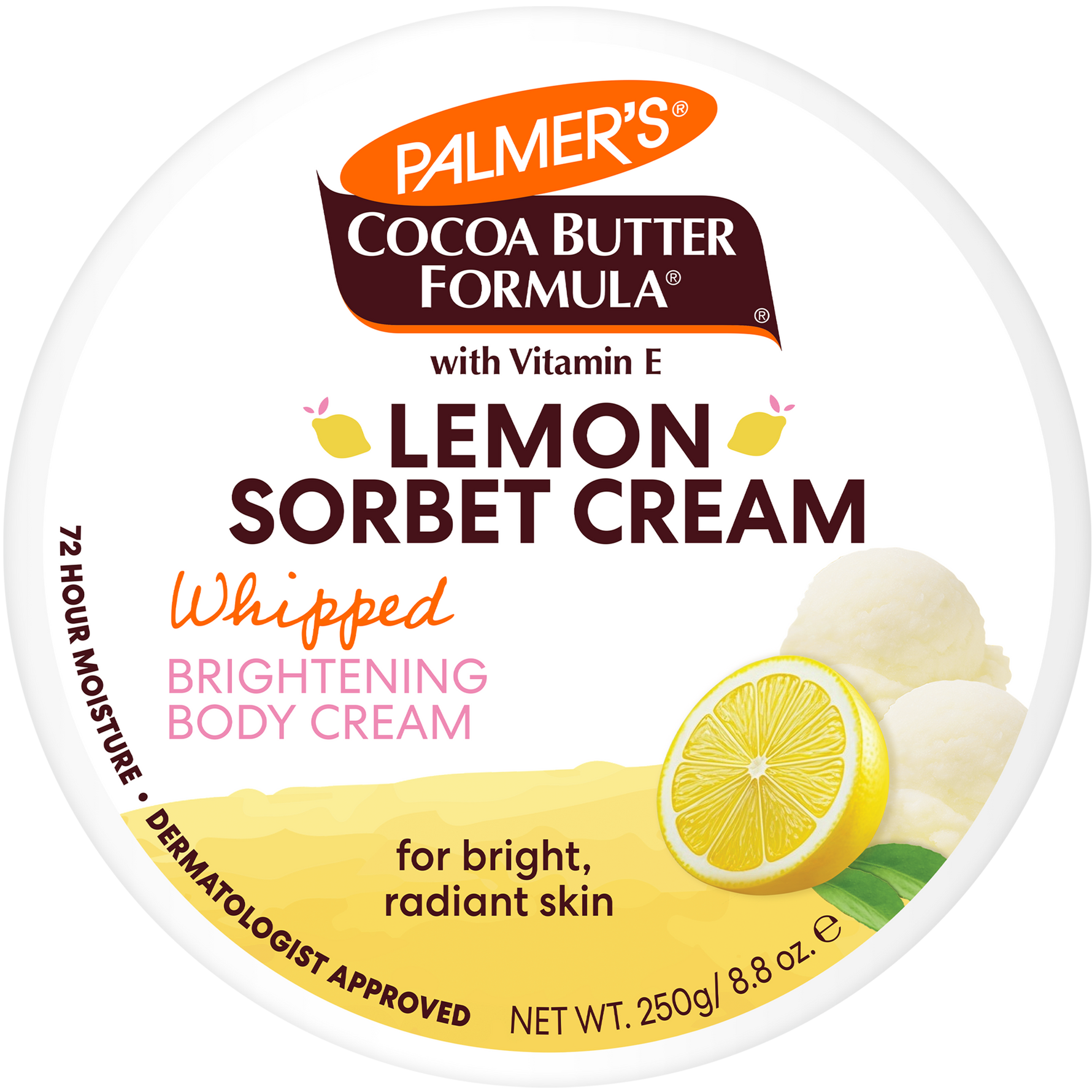 A round white lid for Palmer's Cocoa Butter Formula Lemon Sorbet Cream whipped brightening body cream, featuring a yellow lemon slice graphic and cream-colored sorbet scoops on a white background.