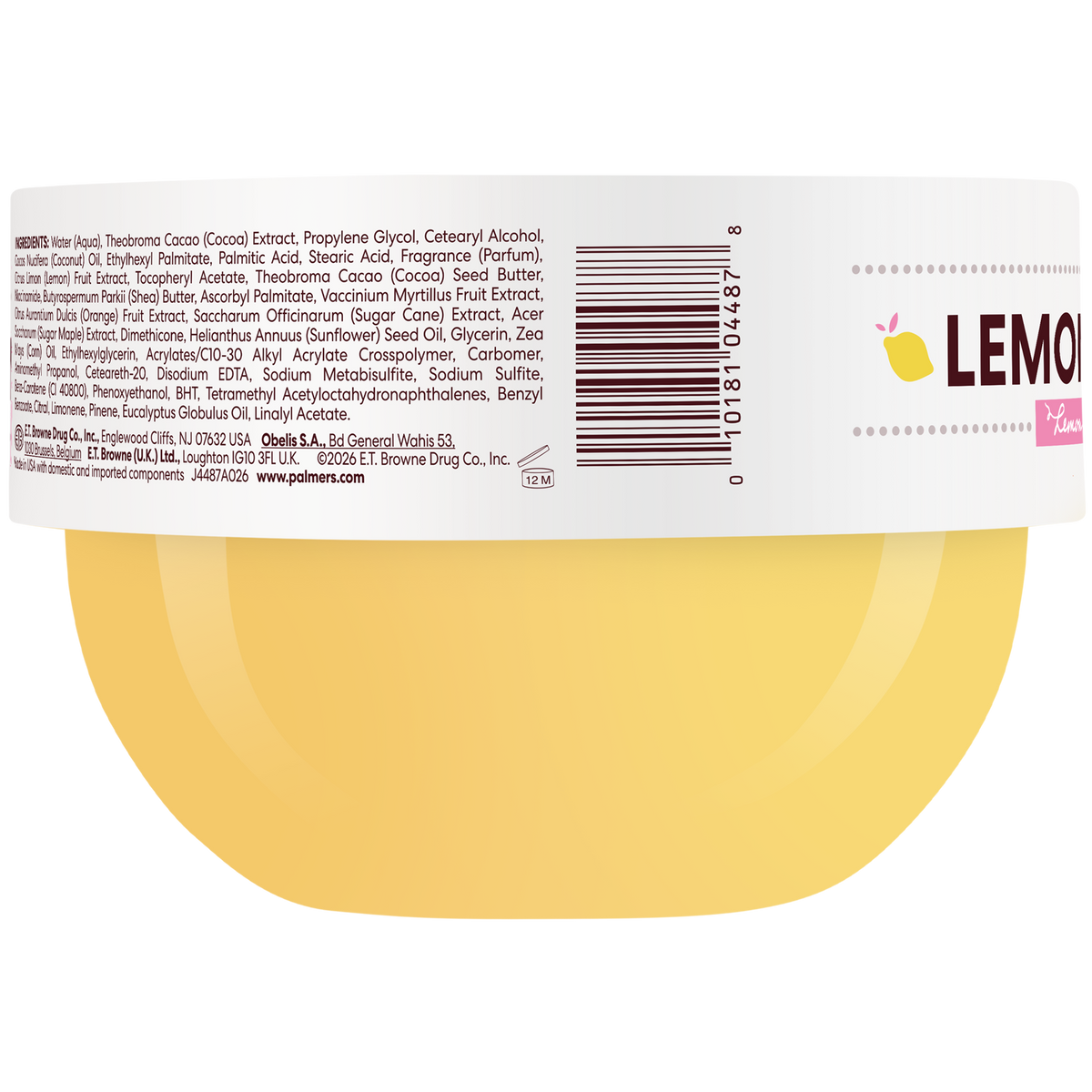A jar of Palmer's Lemon Sorbet Whipped Brightening Body Cream with a white label and a pale yellow cream visible inside, on a clean white background.
