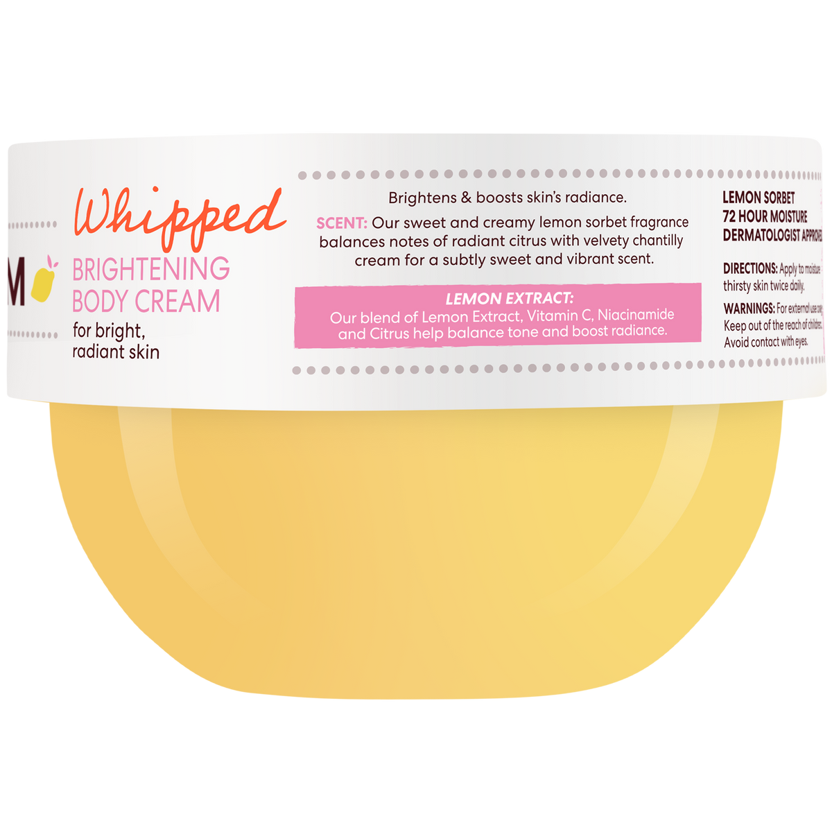 A jar of Whipped Brightening Body Cream with a white label and a pale yellow cream visible inside, on a clean white background.
