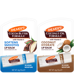 Two Palmer's Lip Balm tubes in retail packaging side by side on a white background. The left package is labeled Cocoa Butter Formula with blue accents and cocoa imagery, and the right package is labeled Coconut Oil Formula with brown accents and coconut imagery.