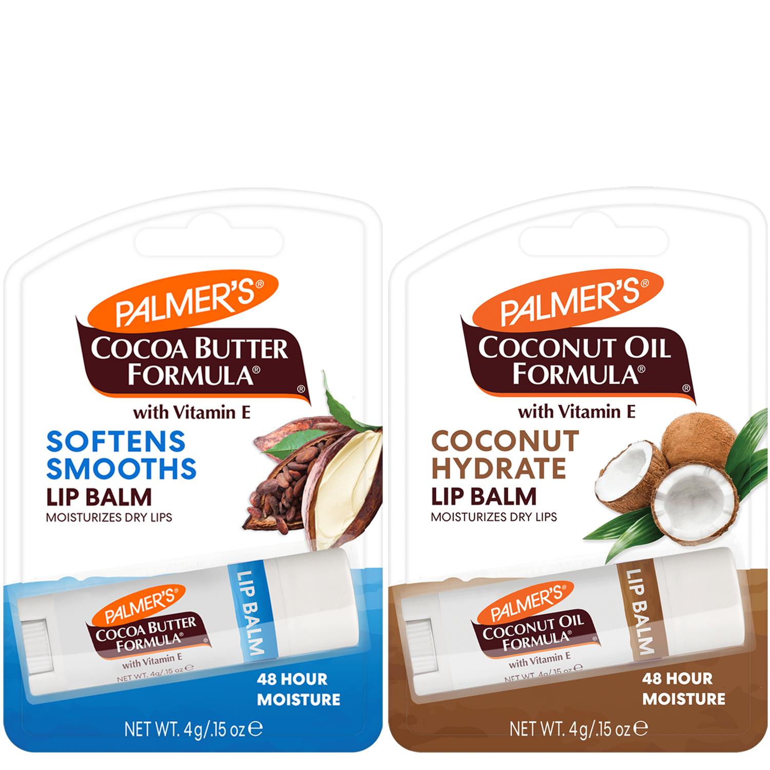 Two Palmer's Lip Balm tubes in retail packaging side by side on a white background. The left package is labeled Cocoa Butter Formula with blue accents and cocoa imagery, and the right package is labeled Coconut Oil Formula with brown accents and coconut imagery.
