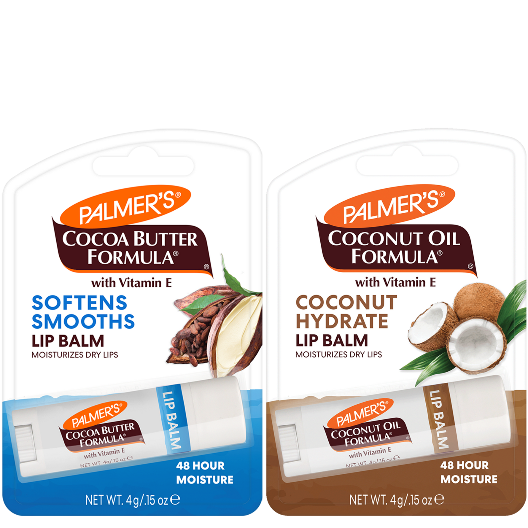 Two Palmer's Lip Balm tubes in retail packaging side by side on a white background. The left package is labeled Cocoa Butter Formula with blue accents and cocoa imagery, and the right package is labeled Coconut Oil Formula with brown accents and coconut imagery.