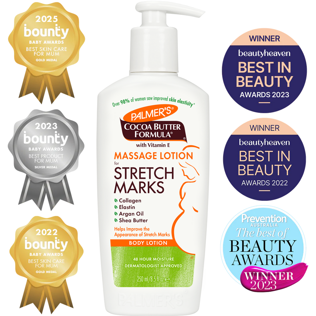 A bottle of Palmer's Cocoa Butter Formula Massage Lotion for Stretch Marks, shown on a white background with multiple award badges on both sides. The bottle is white with a green and orange label, and the surrounding badges are gold, silver, and purple/pink.