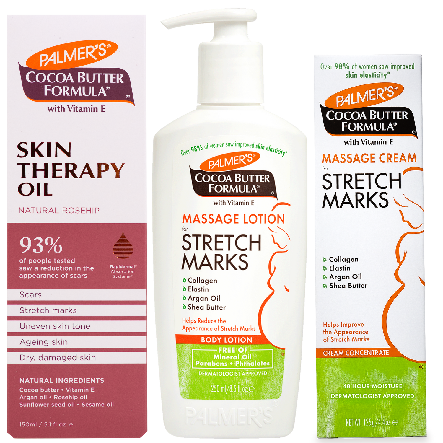 Three Palmer's Cocoa Butter Formula products on a white background: Skin Therapy Oil, Stretch Marks Massage Lotion, and Stretch Marks Massage Cream.
