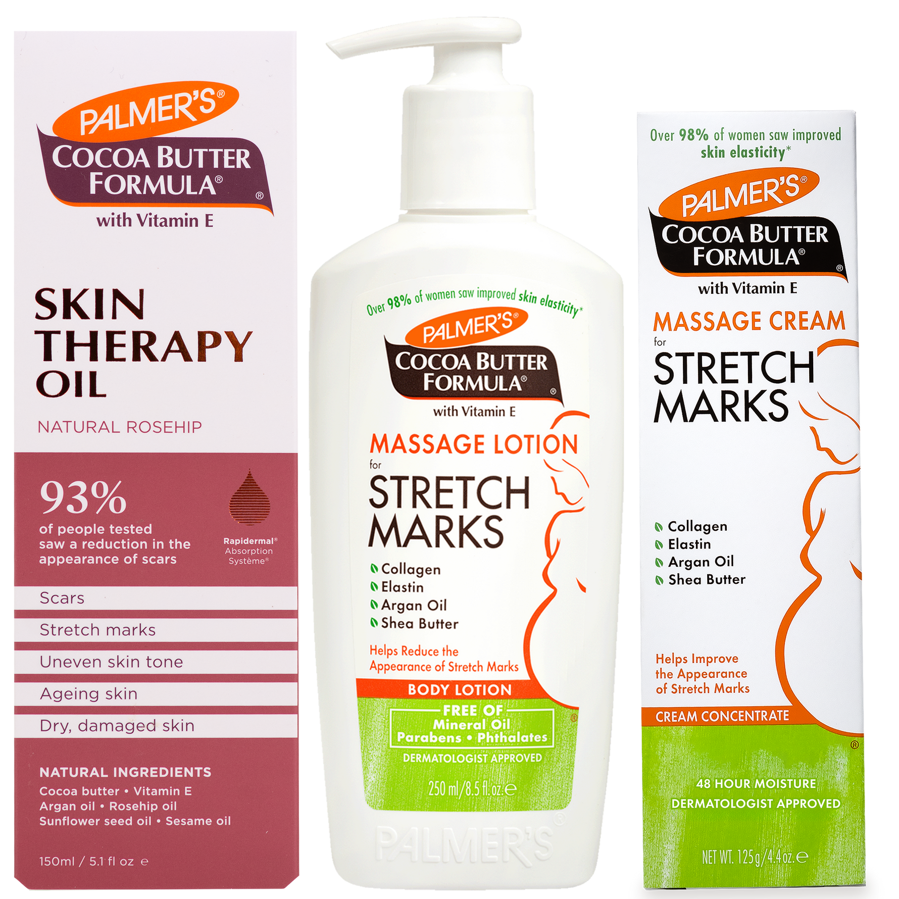 Three Palmer's Cocoa Butter Formula products on a white background: Skin Therapy Oil, Stretch Marks Massage Lotion, and Stretch Marks Massage Cream.