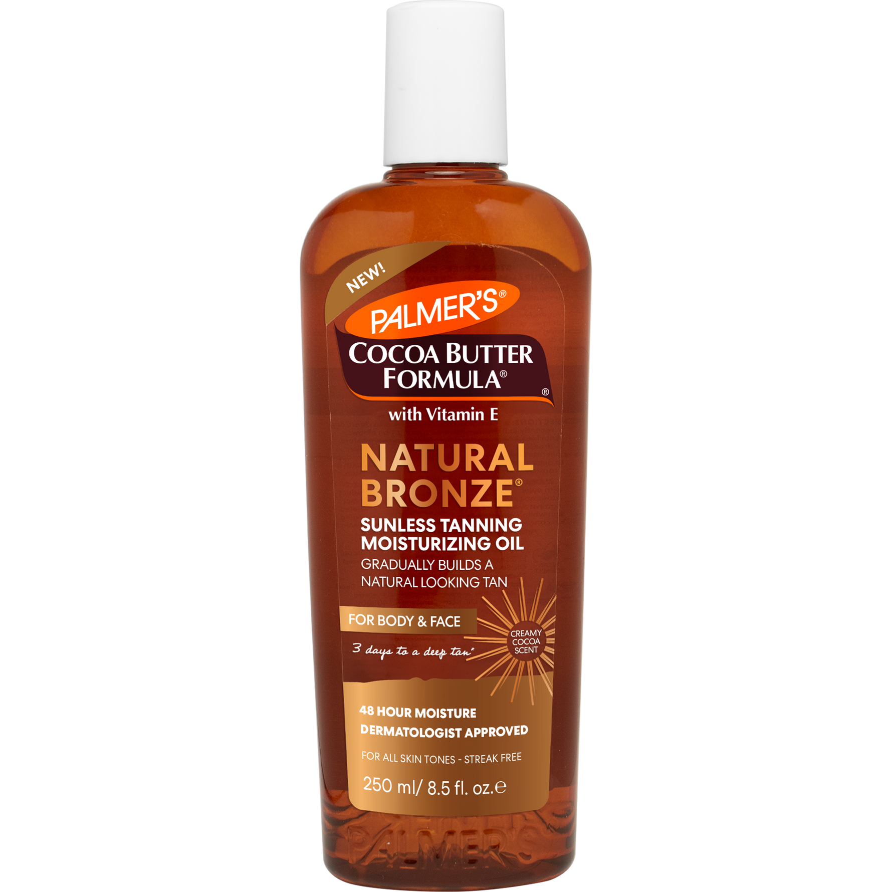 Palmer's Cocoa Butter Formula Natural Bronze sunless tanning moisturizing oil bottle on a white background