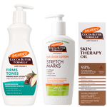 Three Palmers Cocoa Butter Formula products shown on a white background: Firms and Tones Body Lotion, Stretch Marks Massage Lotion, and Skin Therapy Oil.