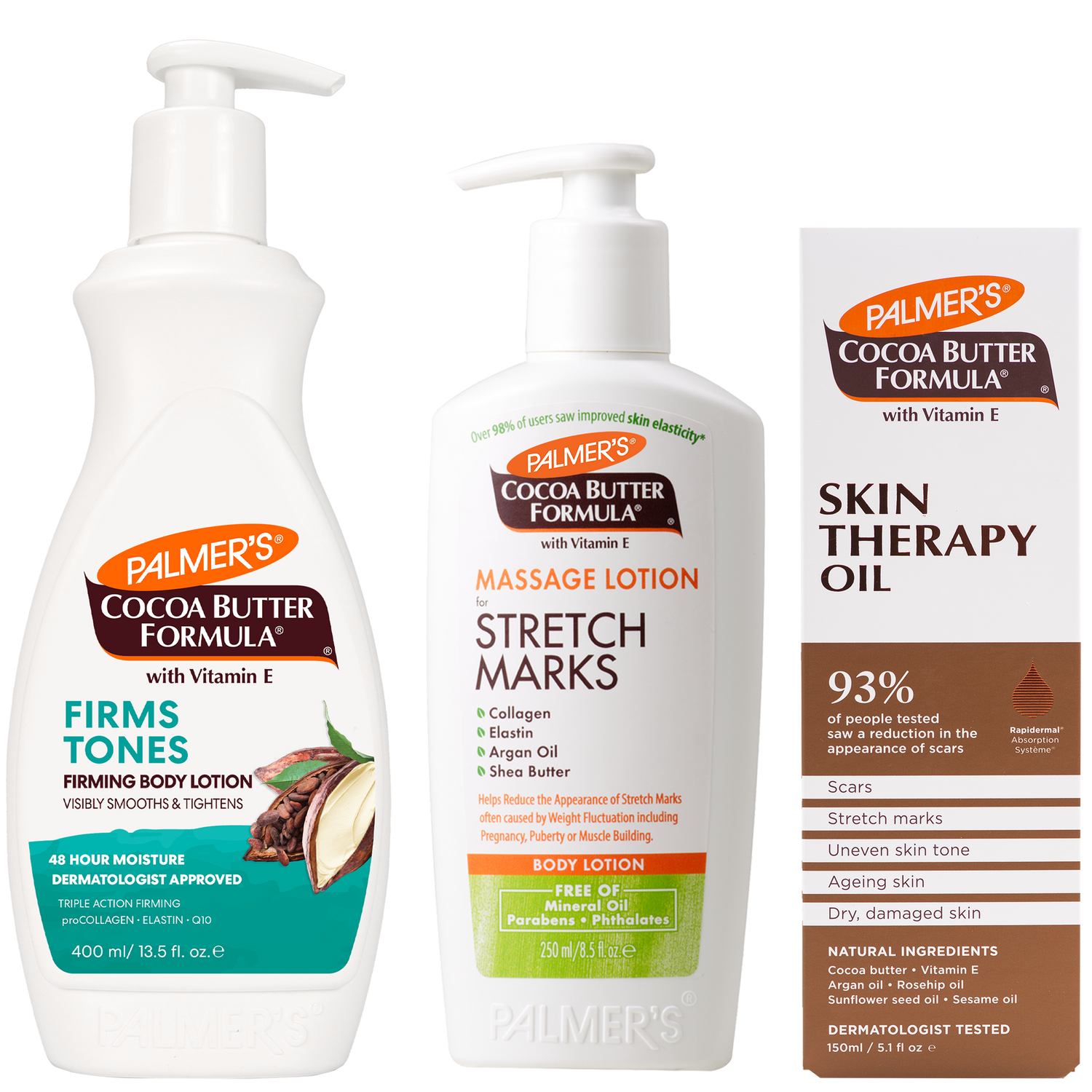 Three Palmers Cocoa Butter Formula products shown on a white background: Firms and Tones Body Lotion, Stretch Marks Massage Lotion, and Skin Therapy Oil.