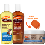 A Palmer's Cocoa Butter Formula body care set featuring a yellow bottle of Moisturizes Softens Body Oil, an amber bottle of Sunless Tanning Moisturizing Oil in Natural Bronze, a jar of Cocoa Butter Body Scrub, and a bonus orange exfoliating glove on a white background.