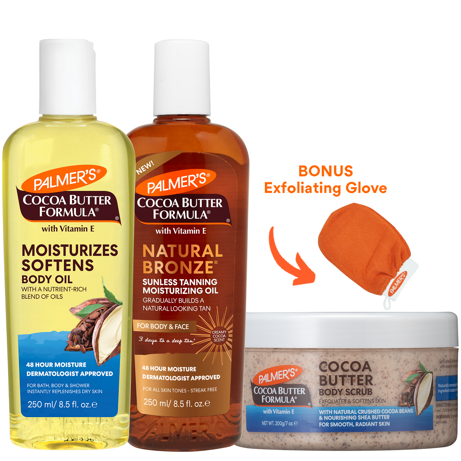 A Palmer's Cocoa Butter Formula body care set featuring a yellow bottle of Moisturizes Softens Body Oil, an amber bottle of Sunless Tanning Moisturizing Oil in Natural Bronze, a jar of Cocoa Butter Body Scrub, and a bonus orange exfoliating glove on a white background.