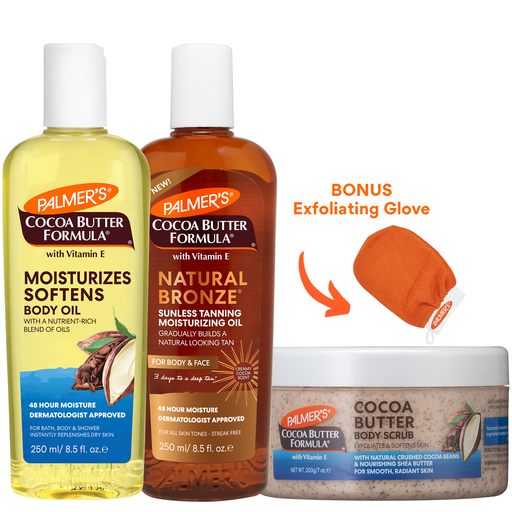 A Palmer's Cocoa Butter Formula body care set featuring a yellow bottle of Moisturizes Softens Body Oil, an amber bottle of Sunless Tanning Moisturizing Oil in Natural Bronze, a jar of Cocoa Butter Body Scrub, and a bonus orange exfoliating glove on a white background.