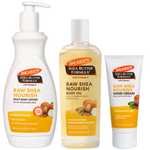 Three Palmer's Shea Butter Formula products on a white background: a large white pump bottle of Raw Shea Nourish Daily Body Lotion, a clear bottle of Raw Shea Nourish Body Oil, and a white tube of Shea Butter Hand Cream.