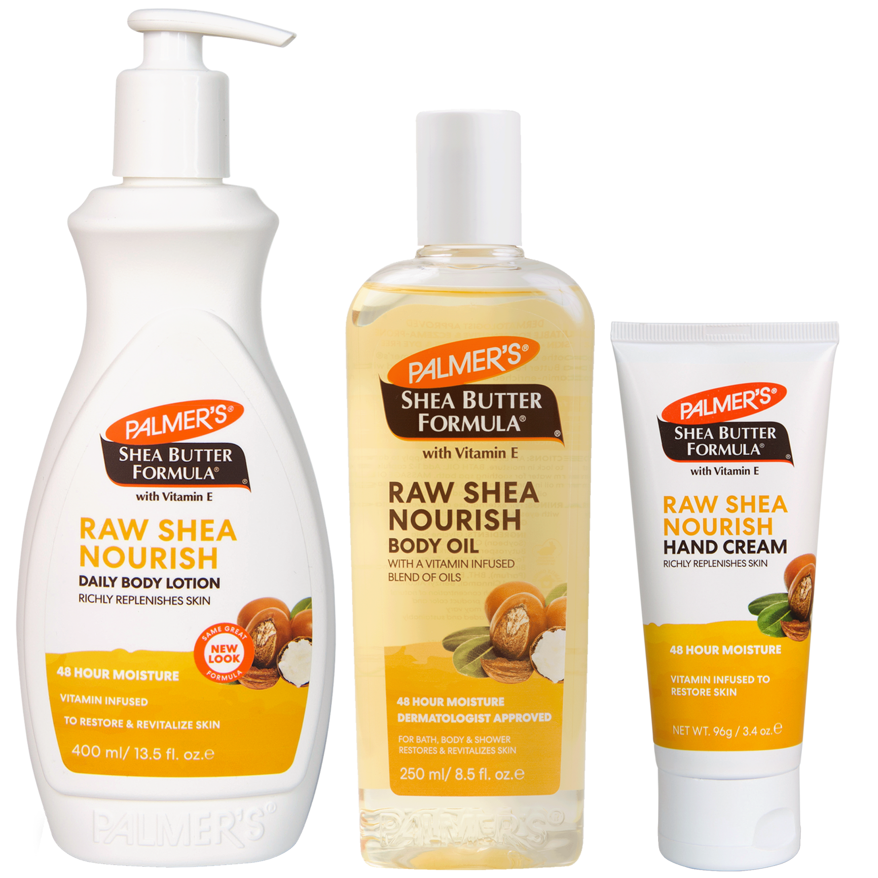 Three Palmer's Shea Butter Formula products on a white background: a large white pump bottle of Raw Shea Nourish Daily Body Lotion, a clear bottle of Raw Shea Nourish Body Oil, and a white tube of Shea Butter Hand Cream.