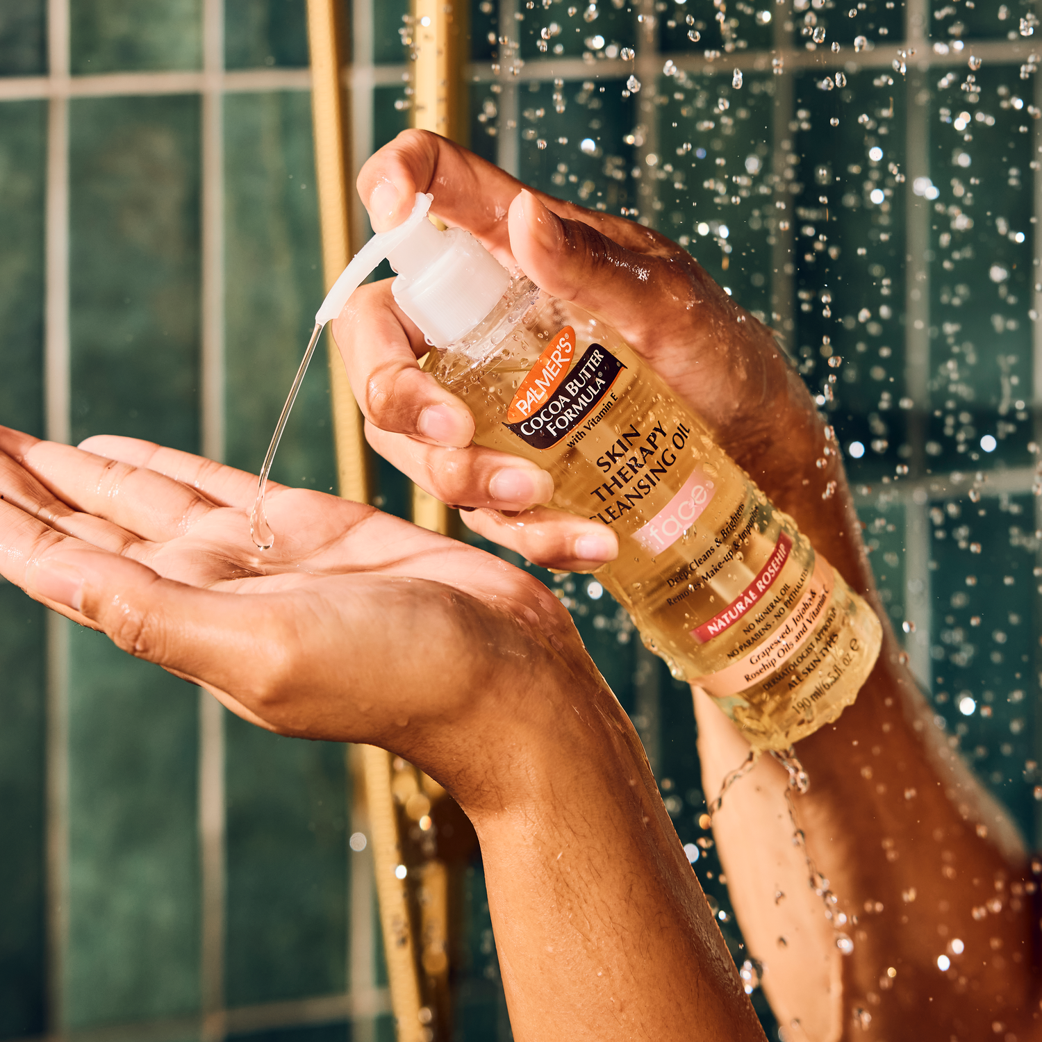 Palmer's Facial Cleansing Oil Pump Bottle being used in shower
