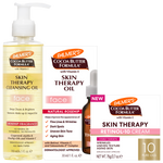 Palmer's Cocoa Butter Formula skincare set featuring a face cleansing oil, a skin therapy facial oil, a retinol-10 cream, all on a white background.
